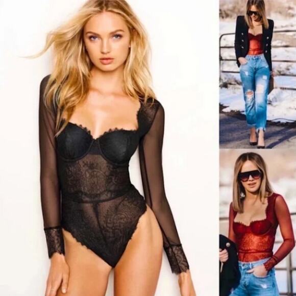 Victoria’s Secret Gray Chantilly Lace Open Back Bodysuit Thong Indie Boho Grunge - Picture 8 of 10